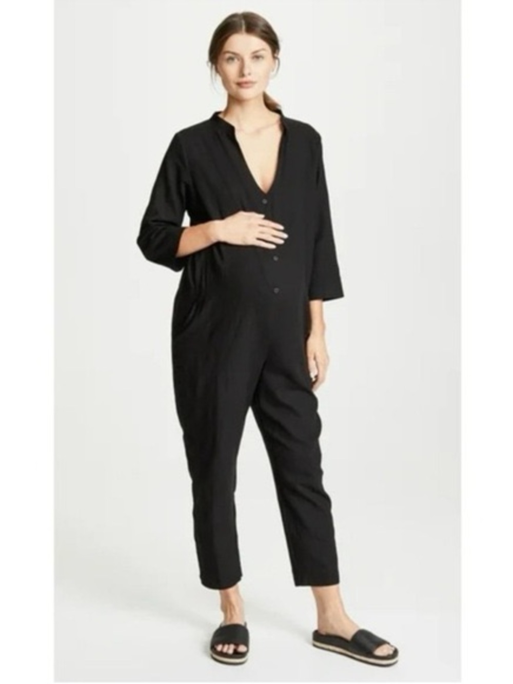 Hatch Black Button-Front Maternity Jumpsuit